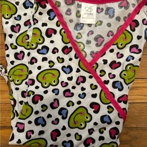 Heart Patterned Scrub Top with Pink Trim